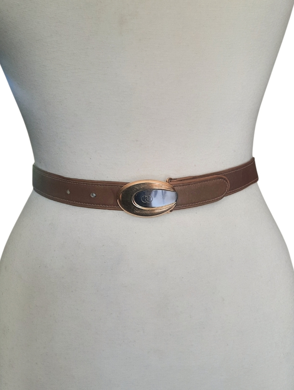 Vintage GUCCI Brown Leather Belt w/Gold & Silver Engraved Logo Buckle Sz S
